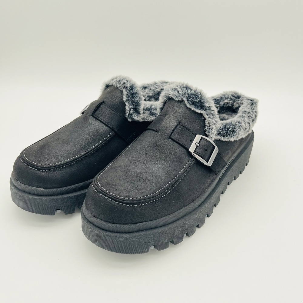 Skechers Slippers Womens 6.5 Black Shindigs Fortress Mule Clogs Faux Fur Comfort